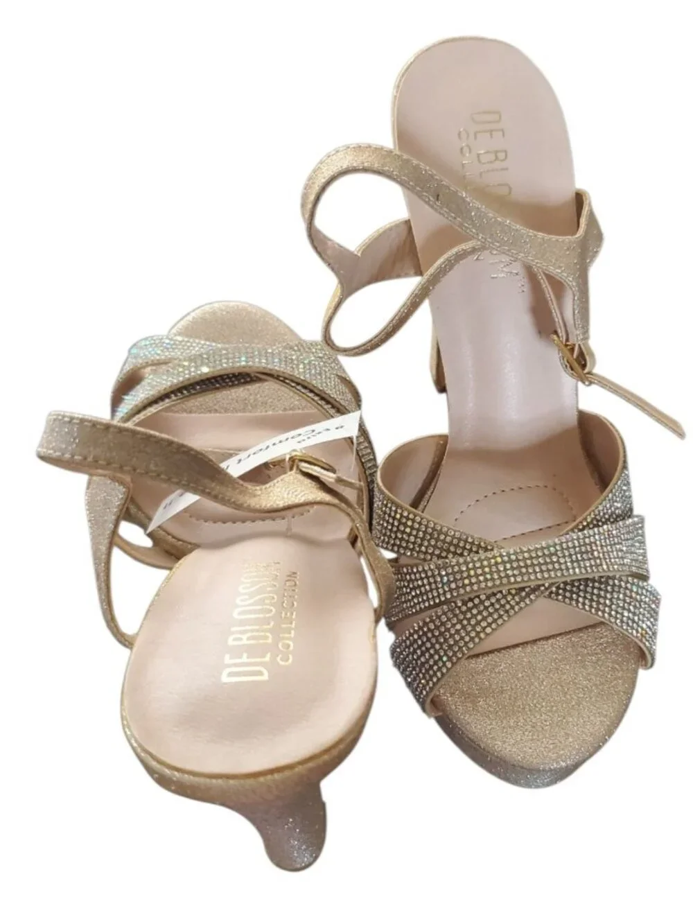 De Blossom Womens Rhinestone Gold Glitter Platform Heels Champagne Size 8